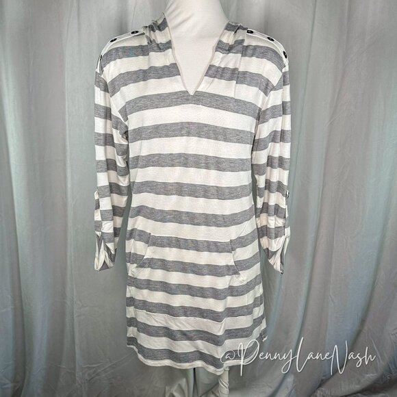 Sandiva Tops - Sandiva Striped Pullover Terry Tunic Hoodie Gray/White